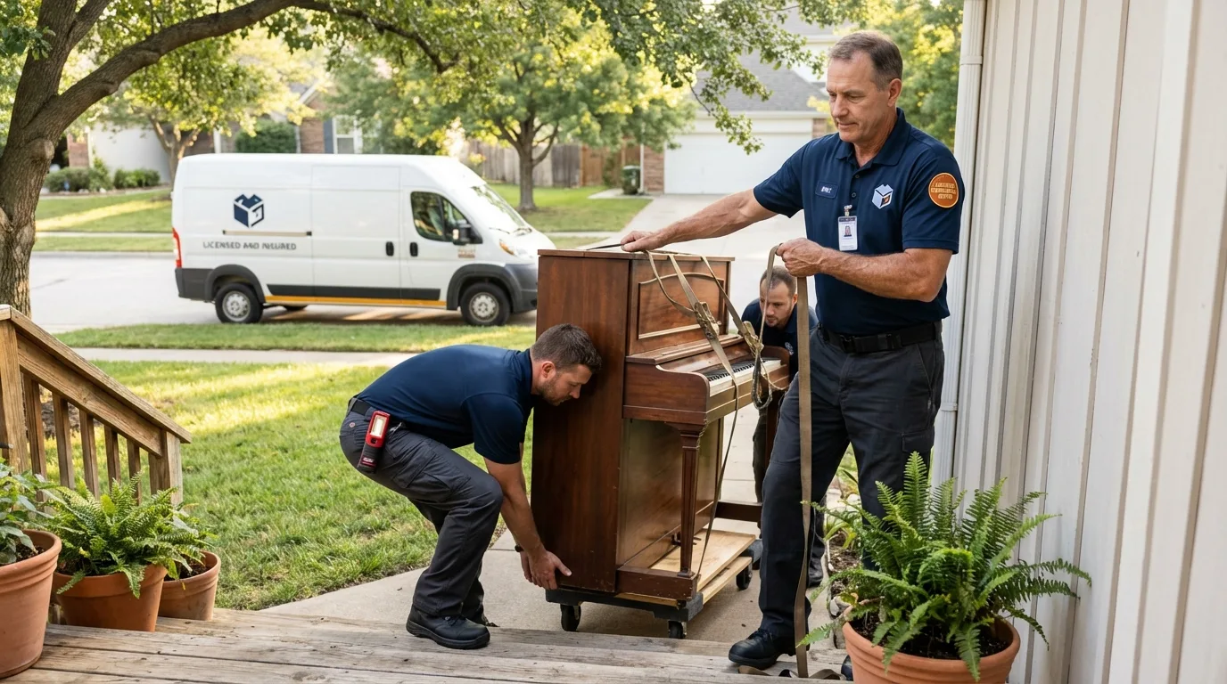 Licensed piano movers securing grand piano in Lawndale, CA