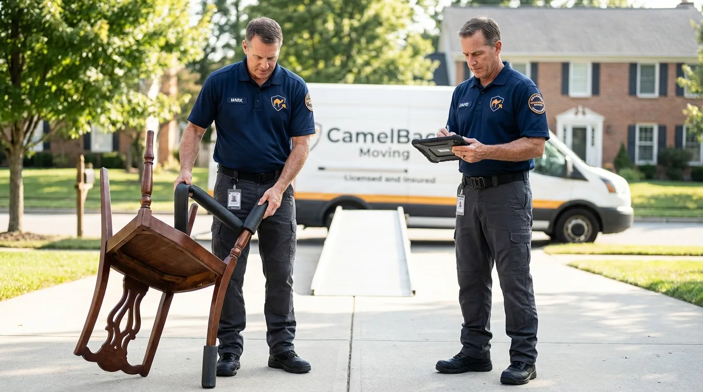 Movers inspecting furniture for damage prevention before loading in Lawndale, CA
