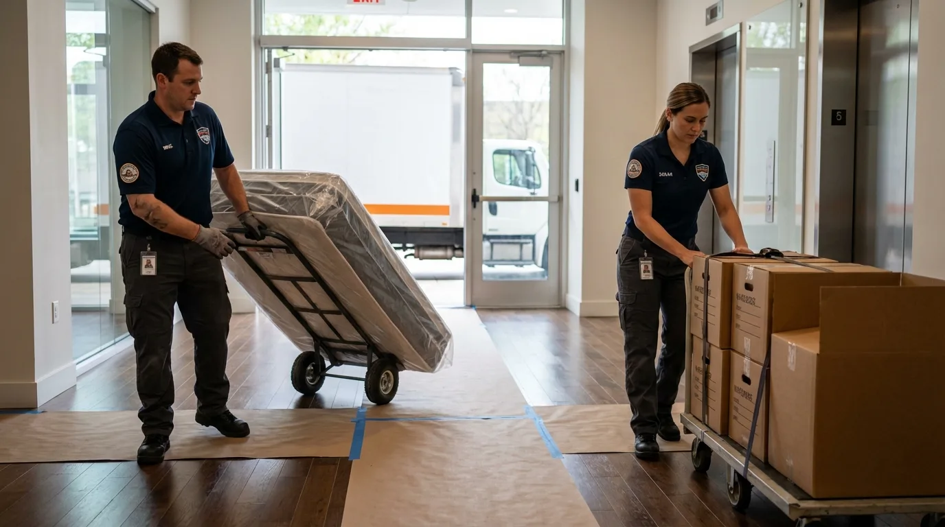 Professional apartment movers loading elevator in Lawndale, CA